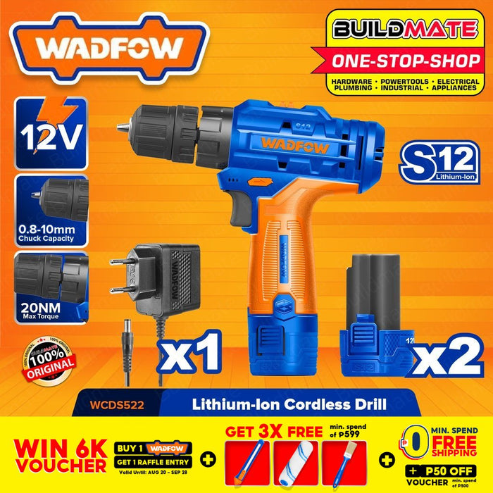WADFOW Lithium-Ion Li-Ion Cordless Drill Gun 12V With Battery & Charger WCDS522 •BUILDMATE• WCPT