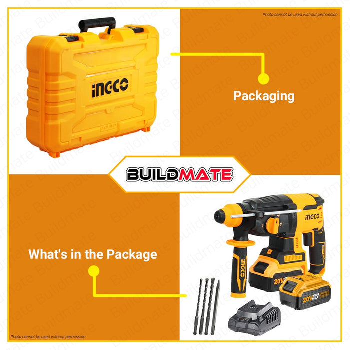 Ingco Li-Ion Lithium Ion Cordless Rotary Hammer Drill with Battery and Charger 20V CRHLI202287 IPT
