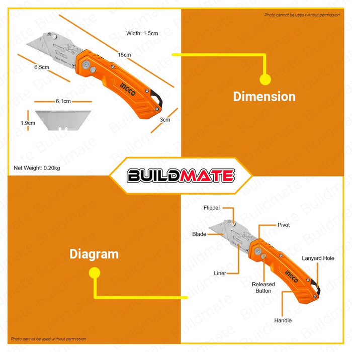 INGCO Stainless Folding Knife Blade Cutter 180mm with 6 PCS SK5 Blades HUK6288 •BUILDMATE• IHT