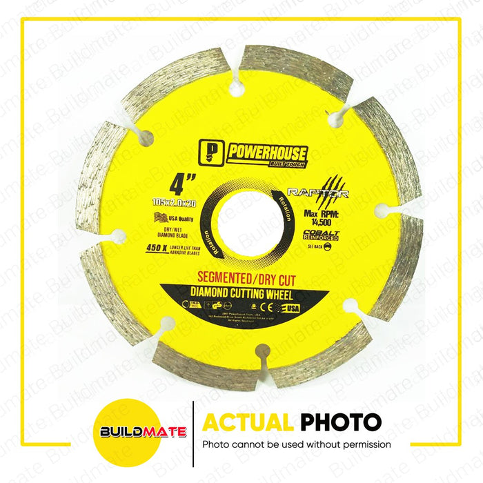 POWERHOUSE RAPTOR SERIES Diamond Cutting Wheel Disc Segmented (Dry) Cut 4" •BUILDMATE• PTAA