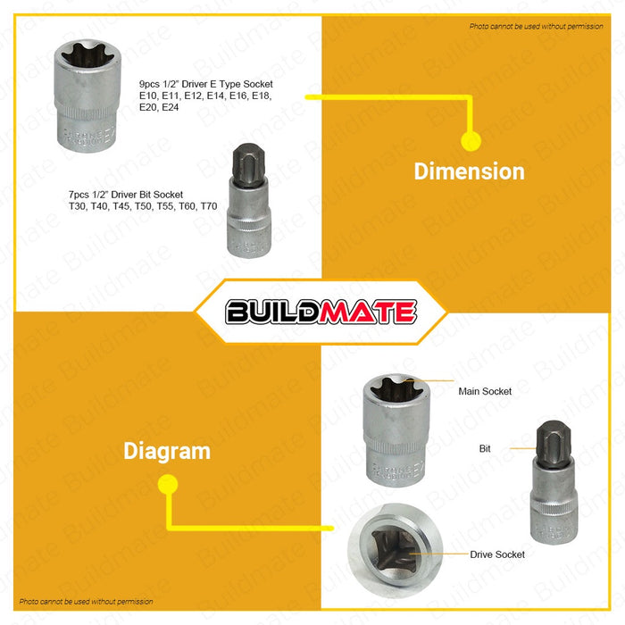 Hoteche 16 pcs 1/2 Drive Socket Bits Set HTC-203502 100% ORIGINAL / AUTHENTIC •BUILDMATE•