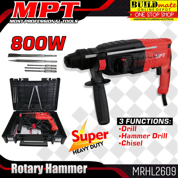 BUILDMATE MPT 3in1 Rotary Hammer Drill 800W / 850W Chipping Gun Concrete Breaker Drill MRHL2609 / MRH2609