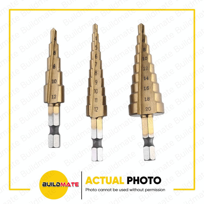 MARS TOOLS 3 PCS Hexagonal Shank Step Cone Drill Bit Hole Groove Cutter with Pouch Case