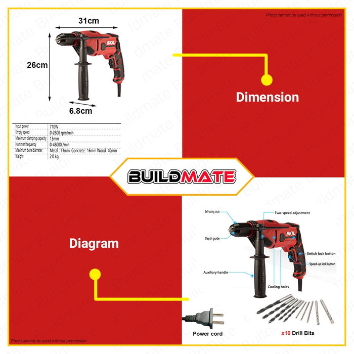 SKIL Impact Drill / Driver 710W with 10 PCS Drill Bits HD1E6725GA •BUILDMATE•