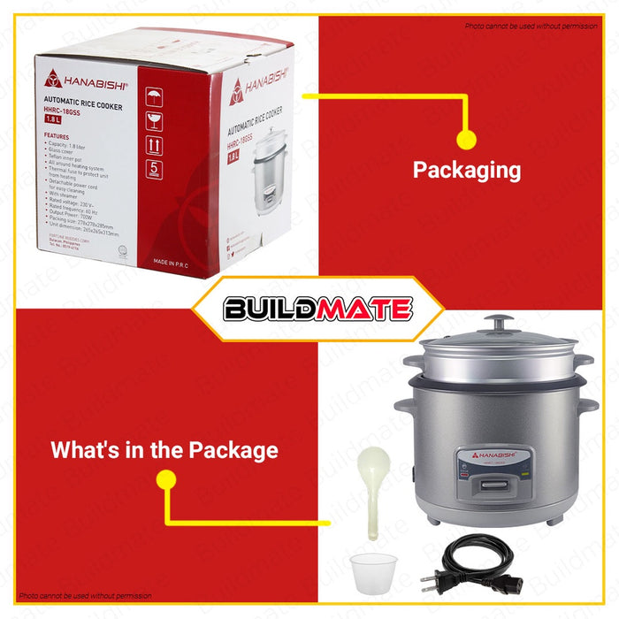 HANABISHI Automatic Rice Cooker Steamer with Glass Cover 1.8L HHRC-18GSS •BUILDMATE•