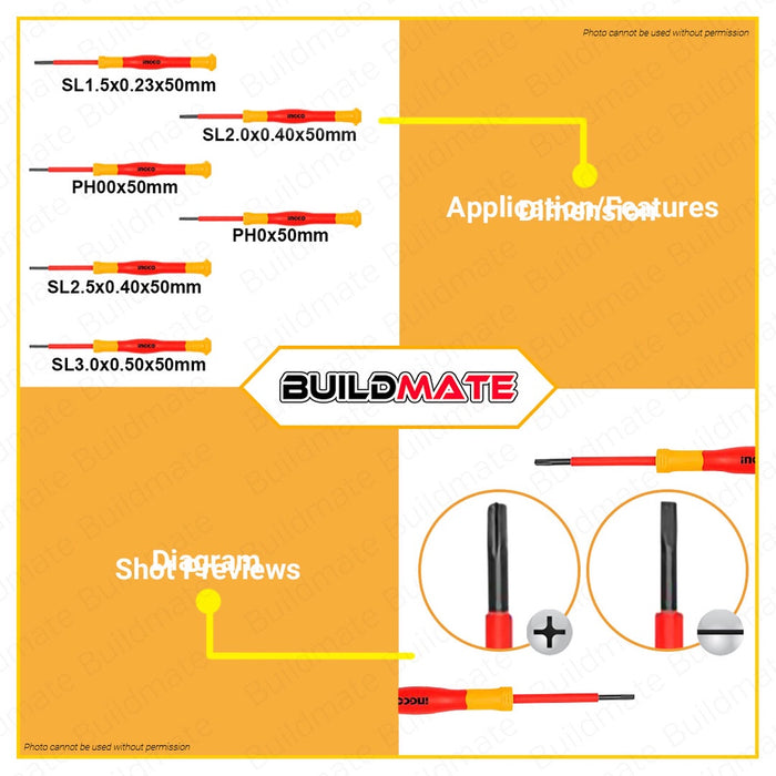 INGCO 6 PCS/SET Insulated Precision Screwdriver Screw Driver Set HKISD0601 •BUILDMATE• HT2