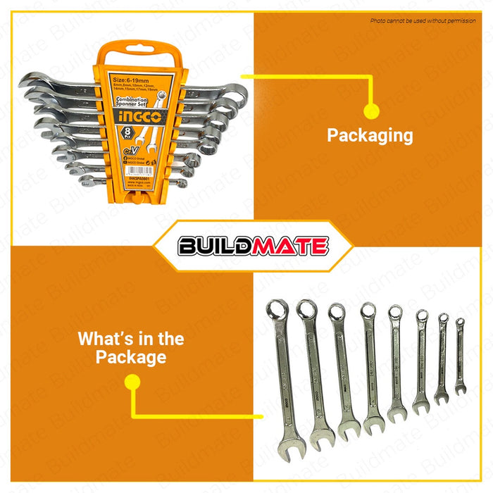 BUILDMATE Ingco 6pcs / 8pcs Combination Spanner Set Cr-V Heavy Duty Open-End and Ring Spanner Set Ratcheting Spanner Set - IHT