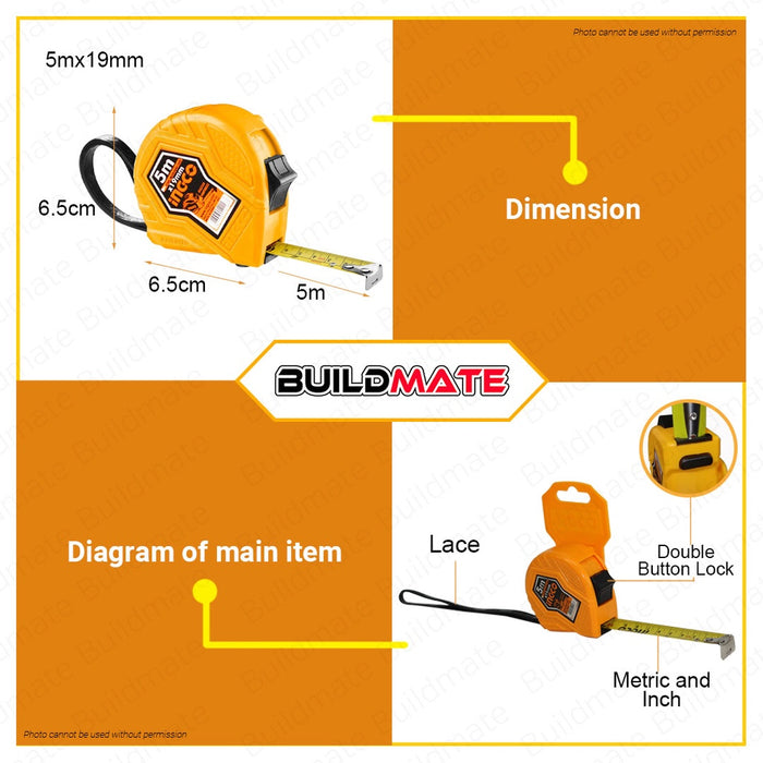 INGCO Steel Tape Measure Metric & Inch Double Button 3m | 5m YELLOW SOLD PER PIECE •BUILDMATE• IHT