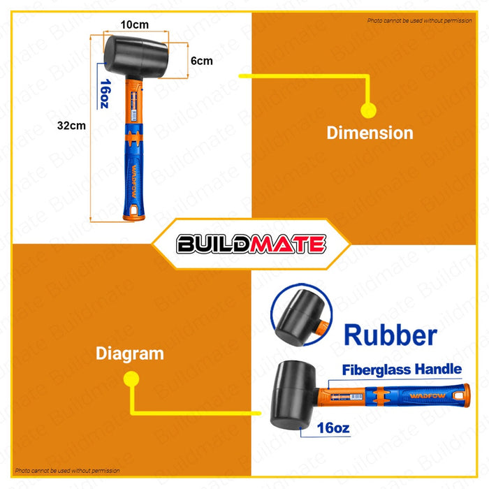 WADFOW 16oz Rubber Hammer Unique Design Fiberglass Handle Rubber Hammerhead WHM7302 •BUILDMATE• WHT