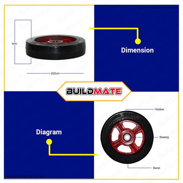 Armstrong Push Cart Rubber Wheel with Rim Bearing 203.2mm 8'' Heavy Duty •BUILDMATE•