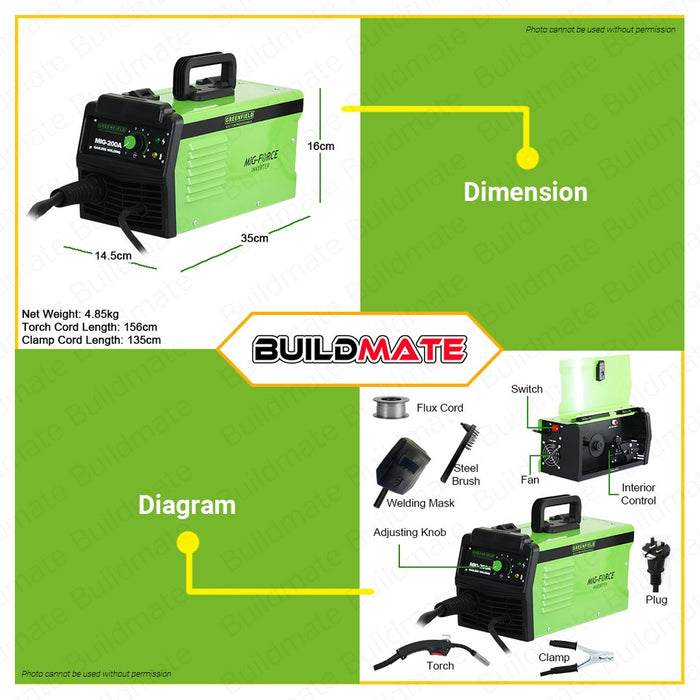 GREENFIELD MIGWELD 200A Gasless Inverter Portable Welding Machine 08-03-10200M •BUILDMATE•
