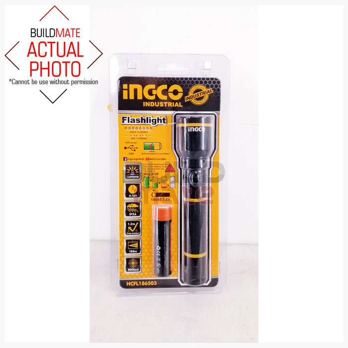 BUILDMATE Ingco Industrial Flashlight 4-18 Hours Drop Resistant 50/150/400 Lumens HCFL186503 • IHT