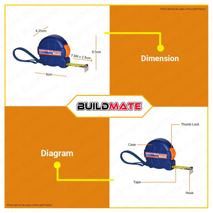WADFOW Steel Measuring Tape 7.5m x 25mm Metric & Inch Measure Tape Tool WMT4340 •BUILDMATE WHT