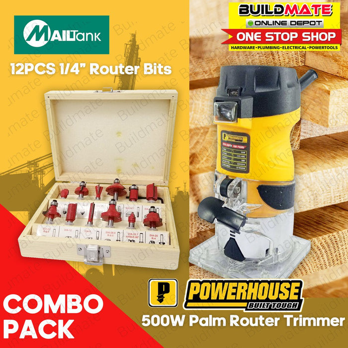 [COMBO] POWERHOUSE Palm Router Trimmer 500W w/ MAILTANK Router Bit 12PCS/SET 1/4" •BUILDMATE• PHCPT