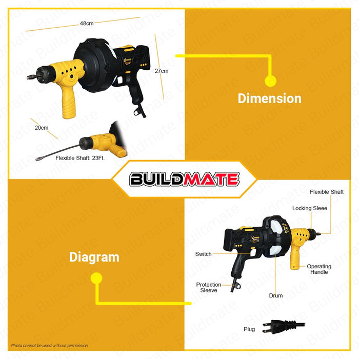 POWERHOUSE Drain Cleaner 300W With 23ft Auger Tube Handheld Electric Drain Cleaner PH-DCM-300W PHPT