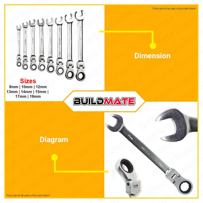 INGCO 8 PCS Flexible Ratchet Spanner Set 8-19mm Cr-V HKSPAR1083 + FREE TROWEL IHT