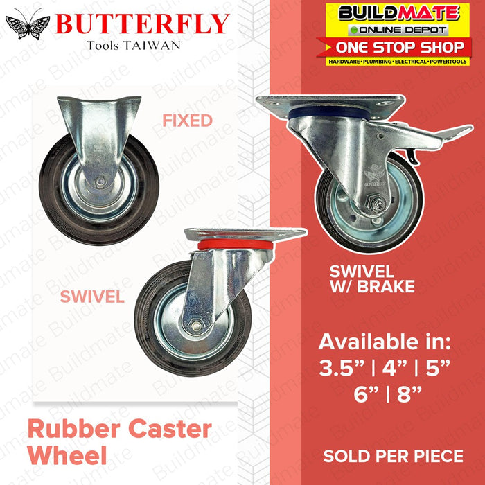 BUTTERFLY Rubber Caster Wheel 8" Fixed | Swivel SOLD PER PIECE •BUILDMATE•