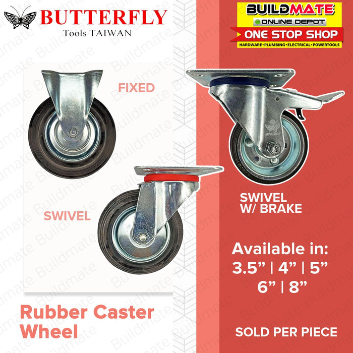 BUTTERFLY Heavy Duty Rubber Caster Wheel 6" Fixed Swivel Swivel Brake SOLD PER PIECE •BUILDMATE•