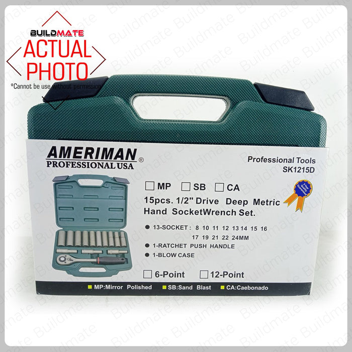 Ameriman 1/2" Drive Deep Metric Hand Long Socket Wrench 15PCS/SET •BUILDMATE•