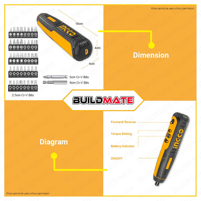 INGCO Lithium-Ion Cordless Screwdriver Handy Screw Driver Hand Tools 4V CSDLI0401 | CSDLI0403 ICPT