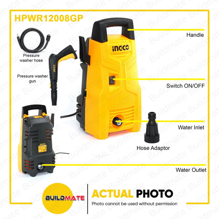 BUILDMATE Ingco 1200W / 1400W High Pressure Washer 1300psi Heavy Duty Car Wash Power Water Cleaner Sprayer For Home Use HPWR12008P / HPWR14008GP - IPT