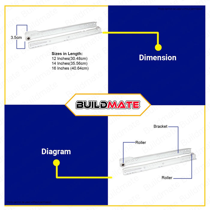 ARMSTRONG Regular White Drawer Slide / Drawer Guide 12" | 14" | 16" SOLD IN PAIR •BUILDMATE•