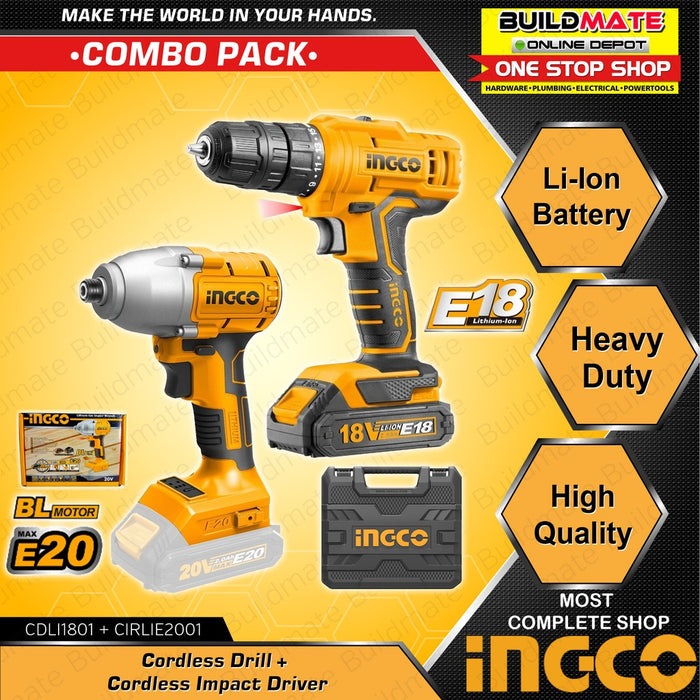 [COMBO] INGCO Cordless Drill 18V CDLI1801 + Cordless Impact Driver 20V CIRLIE2001 •BUILDMATE•