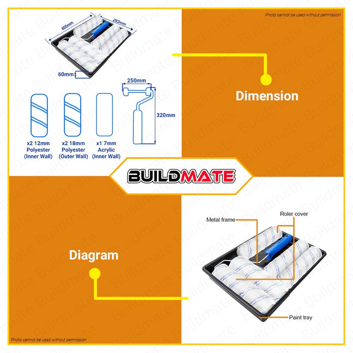 WADFOW Cylinder Brush 7in1 SET Paint Roller Brush Inner Wall Paint Tray Set WCB3H51 •BUILDMATE• WHT