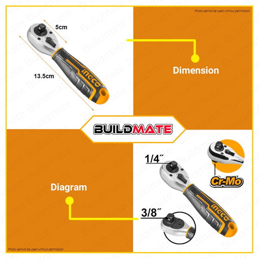Ingco Stubby Ratchet Handle 1/4 3/8 inches HRTH081438 100% ORIGINAL / AUTHENTIC •BUILDMATE• HT2
