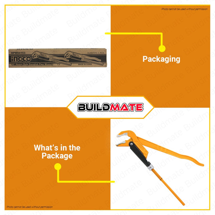 INGCO Carbon Steel Swedish Pipe Wrench 1-1/2" 45° HEAVY DUTY HPW04153 •BUILDMATE• HT2
