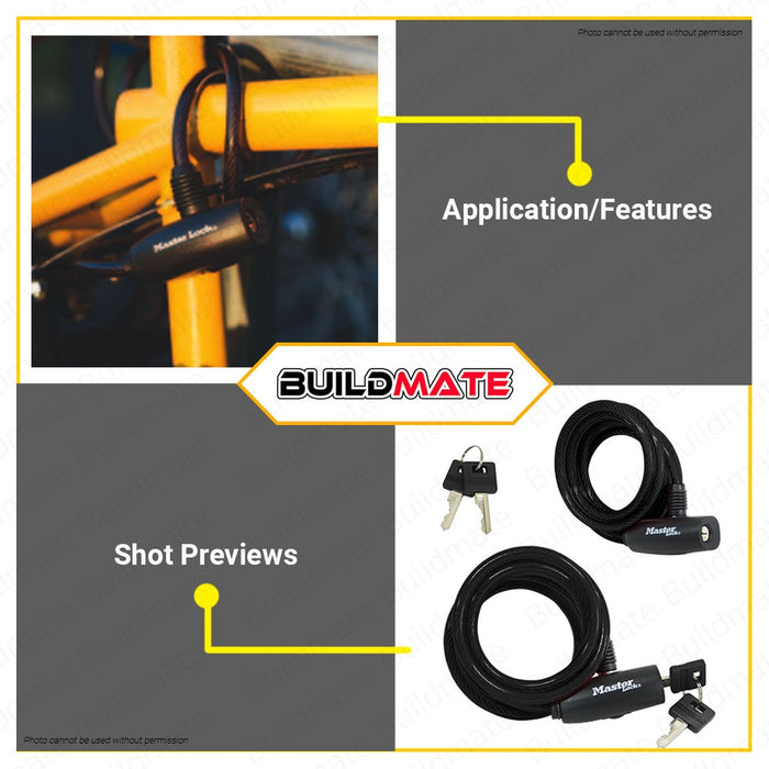 BUILDMATE Master Lock Bicycle Lock with Cable Black / Gray / Blue / Red 1.8mx8mm Anti-Theft Keyed Bike Security Cable Lock SOLD PER PIECE