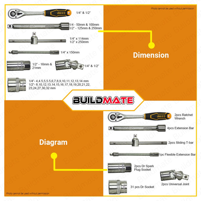 INGCO 44 PCS 1/4″ + 1/2″ Socket Set HKTS42441•BUILDMATE• IHT