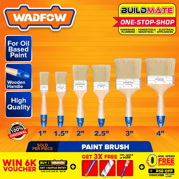 WADFOW Paint Brush For Oil-Based Paint 1" 1.5" & 2" Inch Wooden Handle SOLD PER PIECE •BUILDMATE WHT