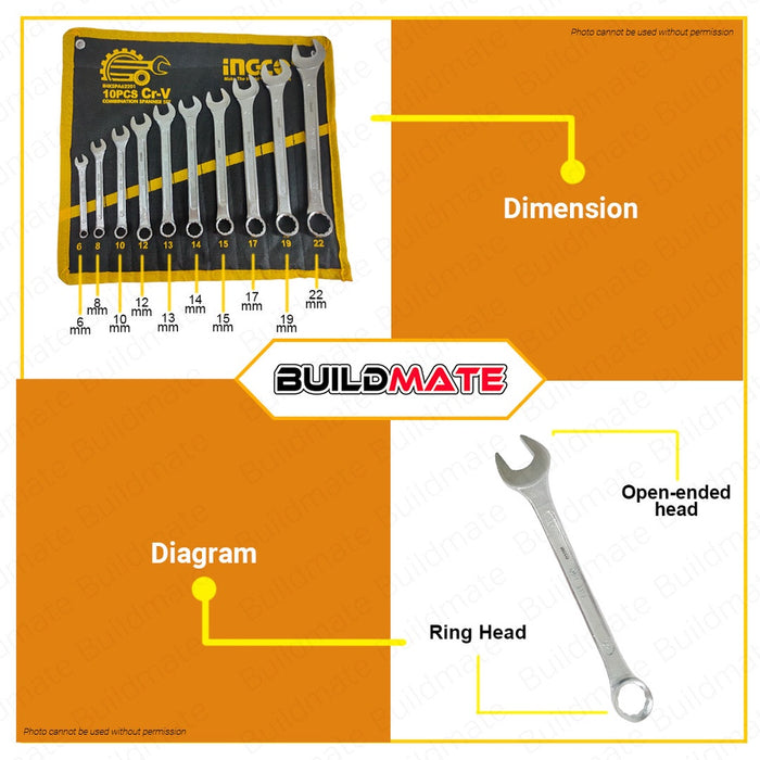 INGCO 10 PCS 6-22mm Combination Spanner Wrench Set Cr-V IHKSPA62201 •BUILDMATE• IHT2