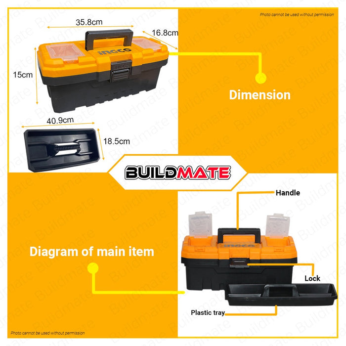 BUILDMATE Ingco Plastic Tool Box 14" Inch Storage Organizer Toolbox Plastic / Metal Buckle SOLD PER PIECE PBX1401 / PBX1402 - IHT