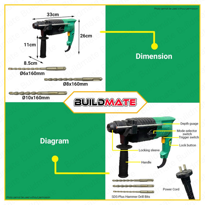 DCA Rotary Hammer Drill 500W AZC02-20 •BUILDMATE•