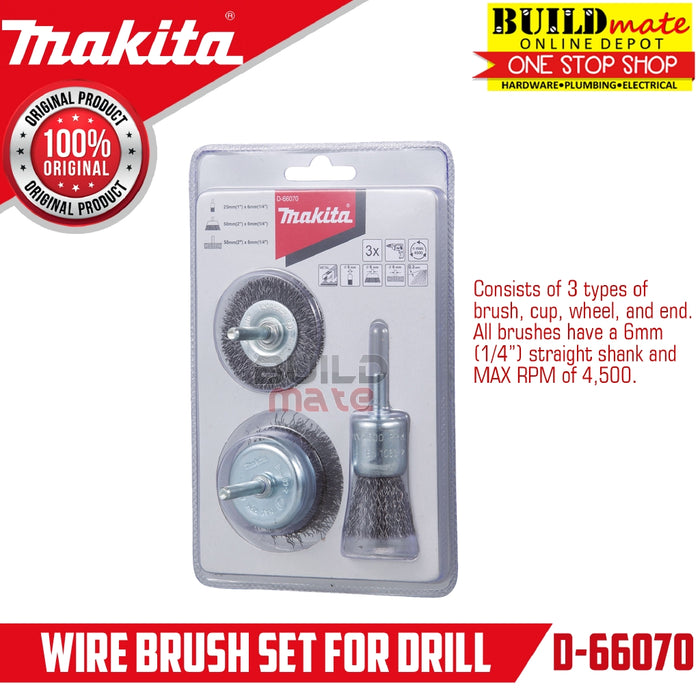MAKITA Original 6mm Shank Wire Brush 3PCS/SET D66070 •BUILDMATE•