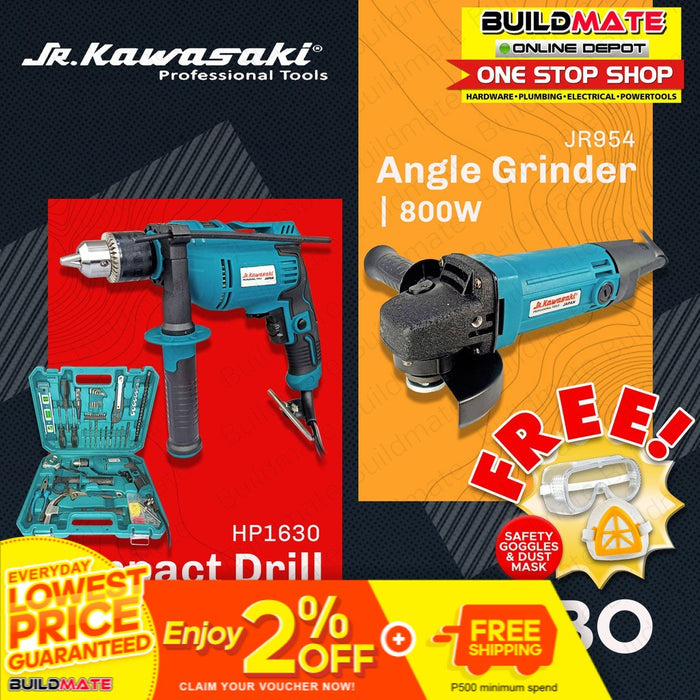 [COMBO] JR KAWASAKI ANGLE GRINDER JR954 + IMPACT DRILL HP1630 TOOLS SET + FREE •BUILDMATE•