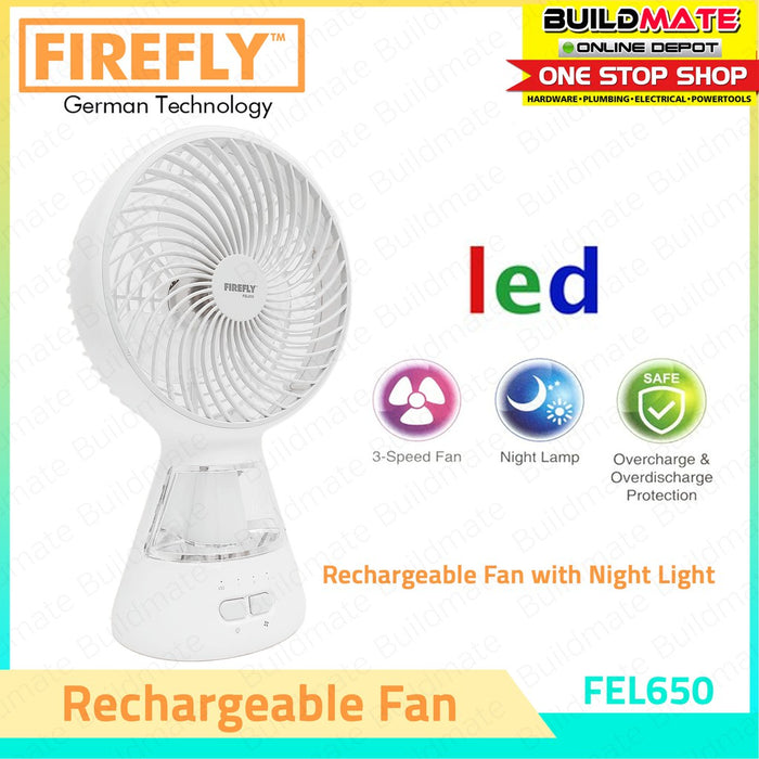 BUILDMATE Firefly Mini Table Fan with Night Light 3-Speed Multifunction Rechargeable Personal Fan FEL650