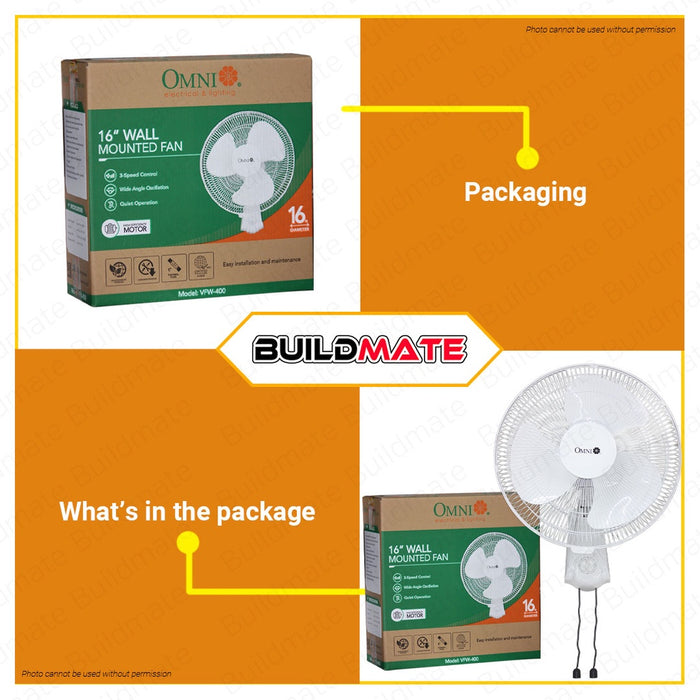 OMNI Wall Mounted Electric Fan 16" Inch 3 Speed Air Flow Wall Mount House Fan VFW-400 •BUILDMATE•