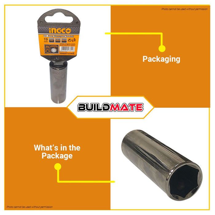 INGCO 1/2" Deep Hexagonal Socket 9mm HHAST12093L •BUILDMATE• HT2