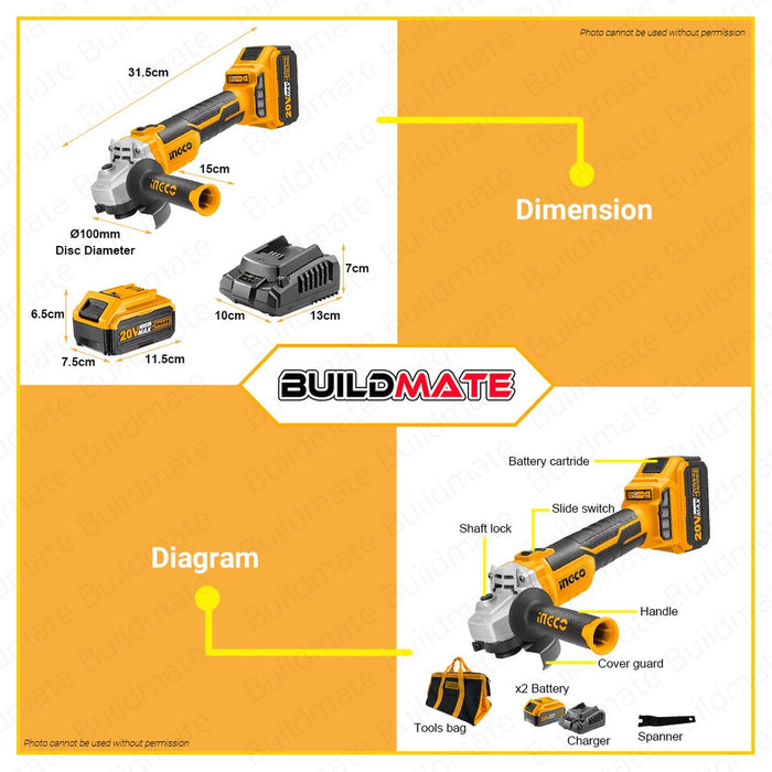 INGCO Lithium-Ion Cordless Angle Grinder w/ Battery Charger Included Power Share 20V CAGLI10022 ICPT
