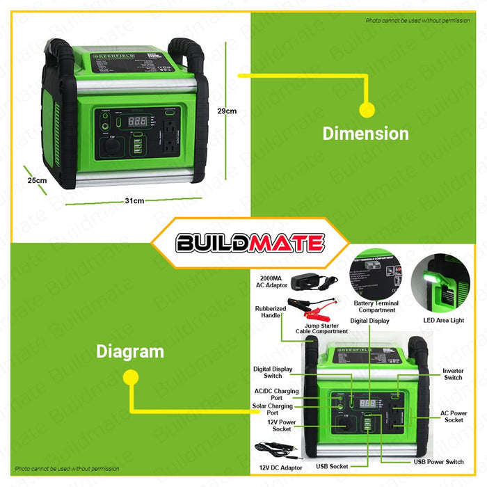 GREENFIELD Portable Power Station Inverter Supply Bank Generator 800W GPS800W •BUILDMATE•