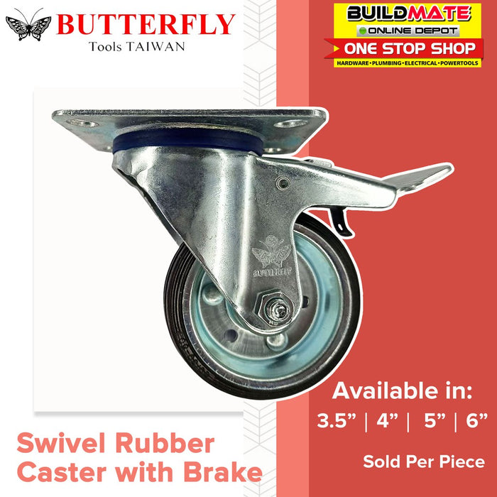 BUTTERFLY Heavy Duty Rubber Caster Wheel 6" Fixed Swivel Swivel Brake SOLD PER PIECE •BUILDMATE•