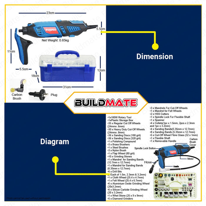 HOYOMA/FUJIMA JAPAN 218PC Variable Speed Rotary Die Grinder Tool Set with Case Dremel Type MD180B