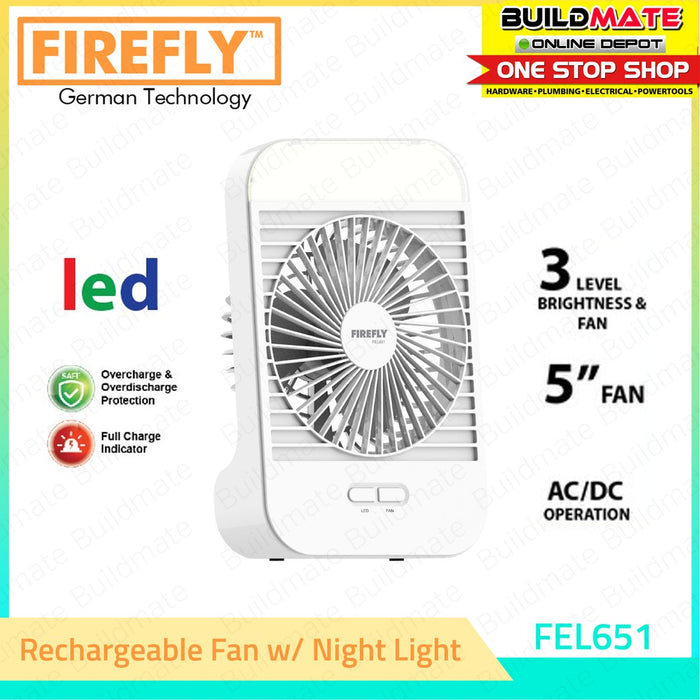 BUILDMATE Firefly Rechargeable 5" AC / DC Fan with Night Light 10W Multifunction Portable Table USB Personal Cooling Fan FEL651