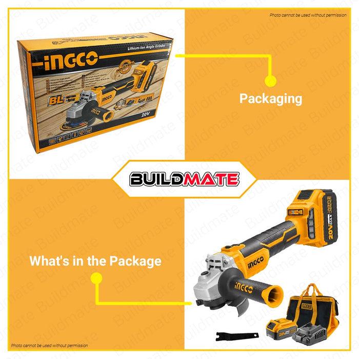 INGCO Lithium-Ion Cordless Angle Grinder w/ Battery Charger Included Power Share 20V CAGLI10022 ICPT