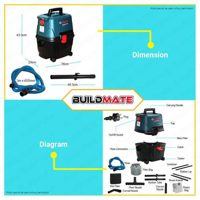 BUILDMATE Bosch 1100W  Heavy Duty Industrial 15L Vacuum Cleaner GAS 15 06019E50K0 BPT