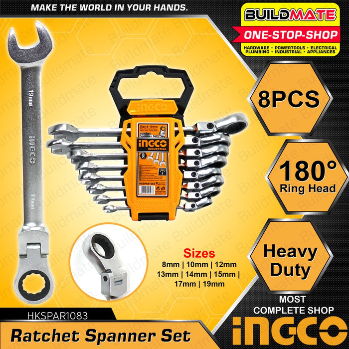 INGCO 8 PCS Flexible Ratchet Spanner Set 8-19mm Cr-V HKSPAR1083 + FREE TROWEL IHT