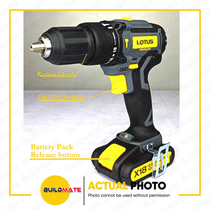 LOTUS BRUSHLESS 18V X-Line Cordless Impact Drill w/2pcs Batt, Charger & Case LTHD18VLI-2BLX LCPT